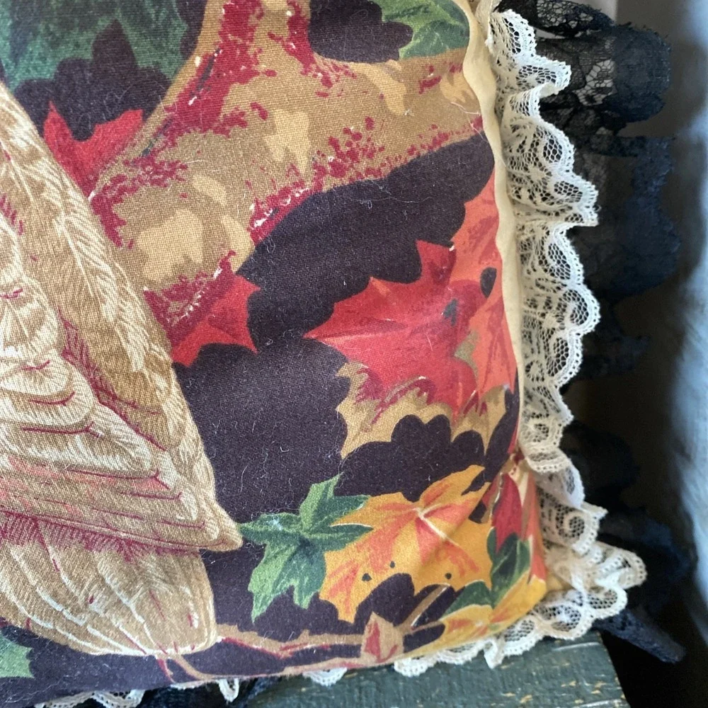 Wamsutta Barn Owl Fabric Black Background Fall Leave Pillow w/Black & White Lace